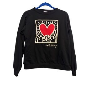 Keith Haring Dancing Heart Graphic Shirt Sweatshirt Black Pop Art Crew Neck M